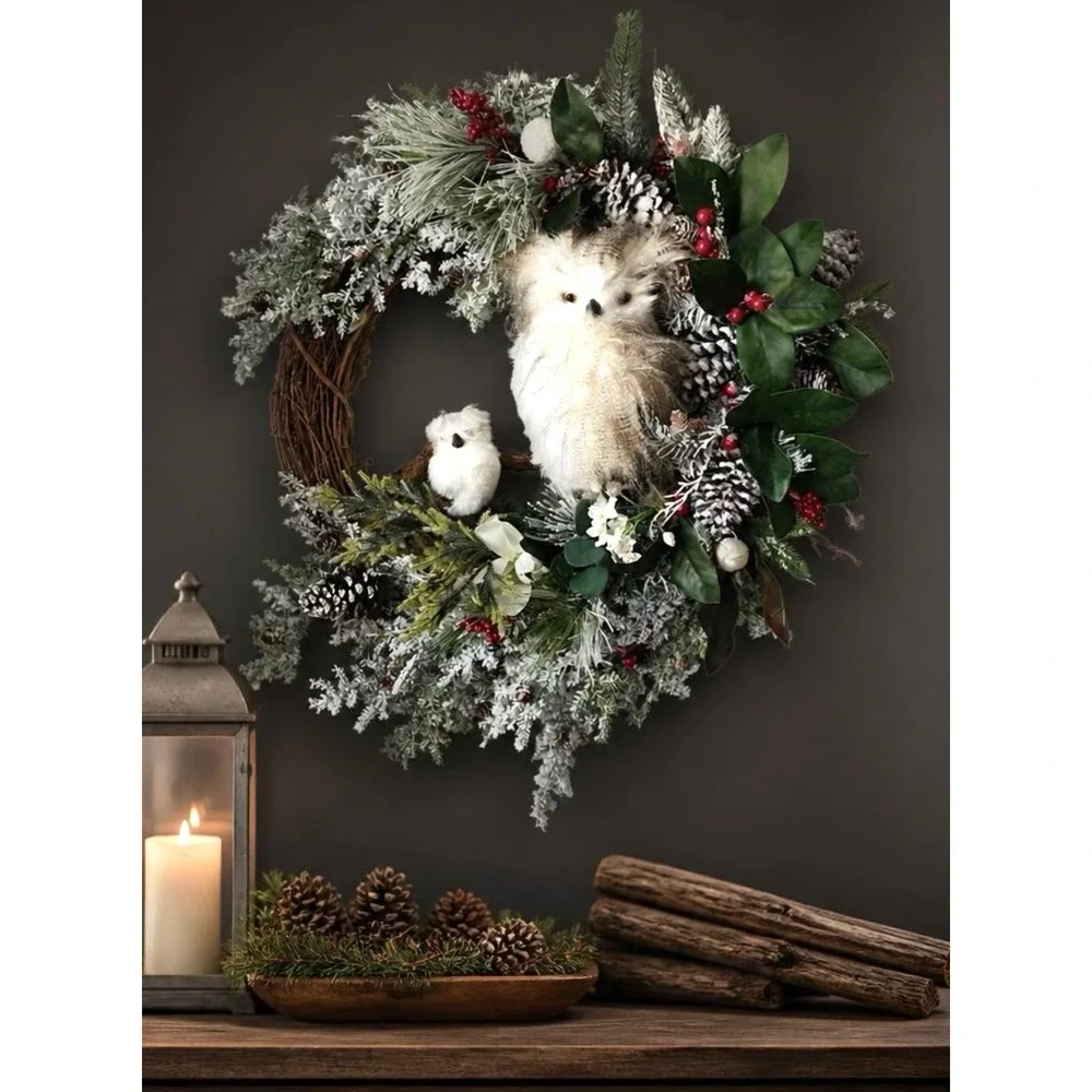 Woodland Owl Christmas Wreath Frosted Pinecone Berry Grapevine Holiday Decor